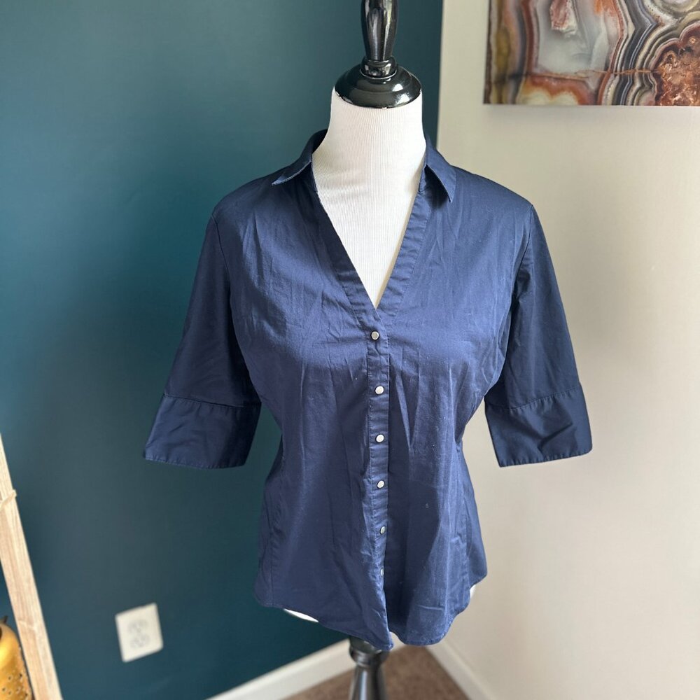 NEW YORK & COMPANY V-Neck Button-down Navy Blouse